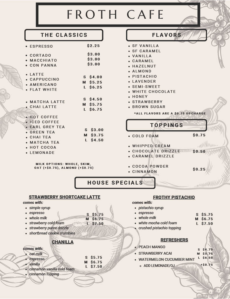 Froth Cafe Main Menu Page 1